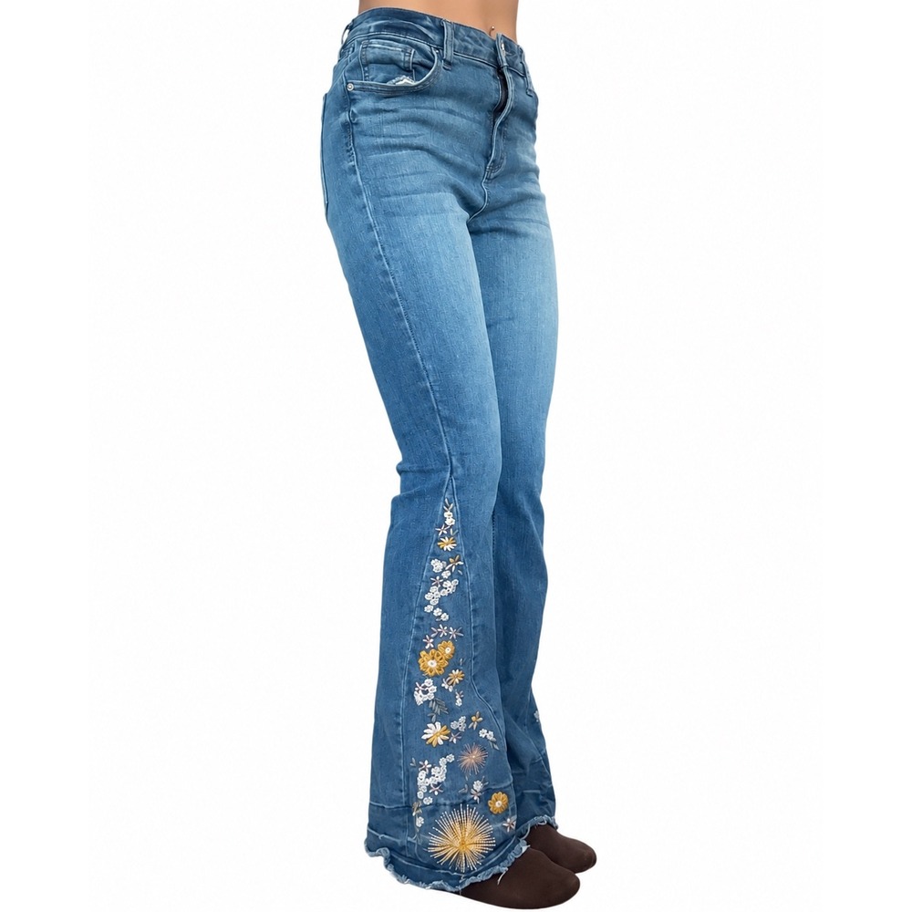 Prosperity Floral Embroidered Flare Jeans Medium Wash Raw Hem Wide Leg
